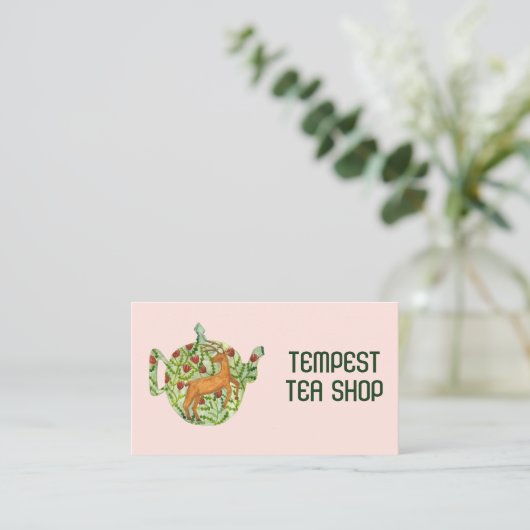 Waterverf Teapot Deer Floral Tea Shop Cafe Herbal Visitekaartje (Staand voorkant)
