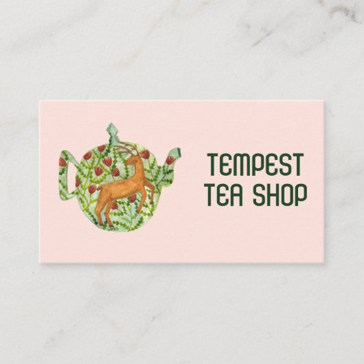 Waterverf Teapot Deer Floral Tea Shop Cafe Herbal Visitekaartje (Voorkant)