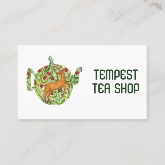 Waterverf Teapot Deer Floral Tea Shop Cafe Herbal Visitekaartje (Voorkant)