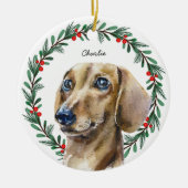 Waterverf teckel gepersonaliseerde vakantie krans keramisch ornament (Voorkant)