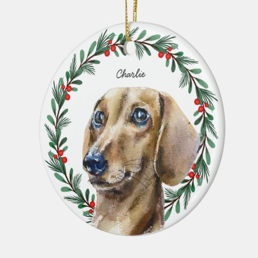 Waterverf teckel gepersonaliseerde vakantie krans keramisch ornament (Links)