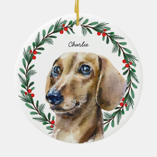 Waterverf teckel gepersonaliseerde vakantie krans keramisch ornament (Achterkant)