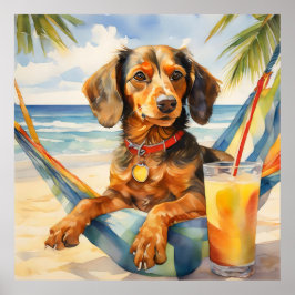 Waterverf Teckel Hond Drink Piña Colada Beach Poster
