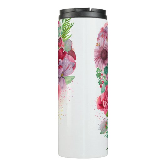 Waterverf teckel omgeven door kleurrijke hart- thermosbeker (Achterkant)