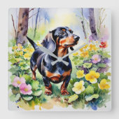Waterverf Teckel Sausage Dog Woodland Primrose Vierkante Klok (Voorkant)