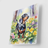 Waterverf Teckel Sausage Dog Woodland Primrose Vierkante Klok (Hoek)