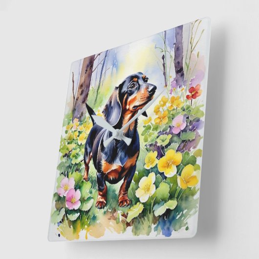 Waterverf Teckel Sausage Dog Woodland Primrose Vierkante Klok (Hoek)
