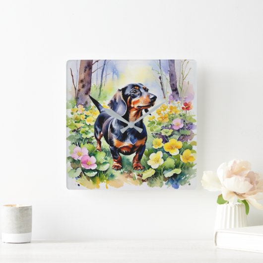 Waterverf Teckel Sausage Dog Woodland Primrose Vierkante Klok (Huis)