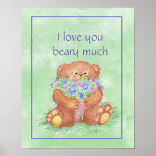 Waterverf Teddy Bear Armful of Flowers Love Beary Poster