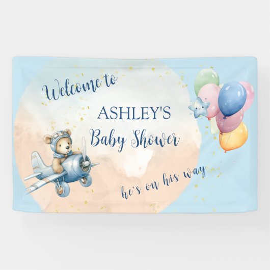 Waterverf Teddy Bear Aviator Boy Baby shower Spandoek (Horizontaal)