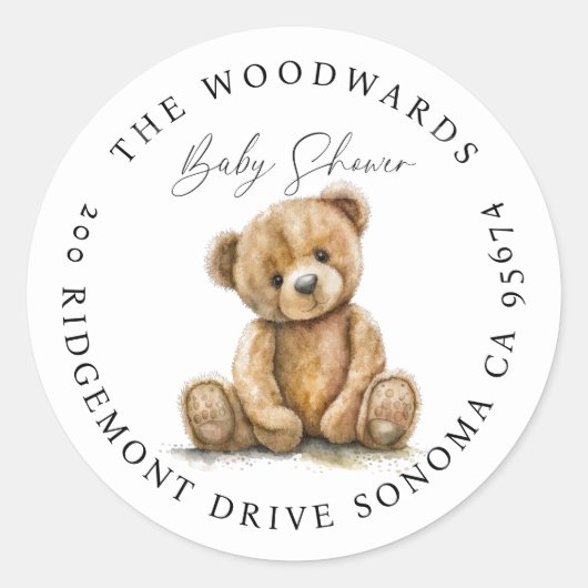 Waterverf Teddy Bear Baby shower Adresetiketten Ronde Sticker (Voorkant)