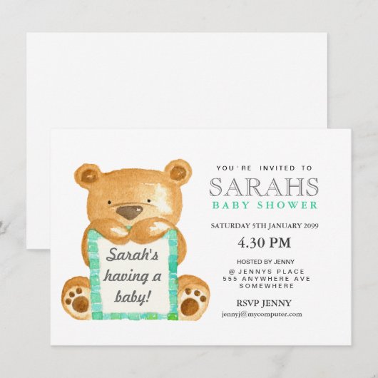 Waterverf Teddy Bear Baby shower Invite Kaart (Voorkant / Achterkant)