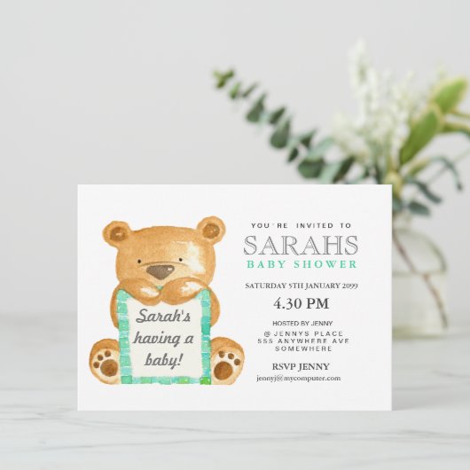 Waterverf Teddy Bear Baby shower Invite Kaart (Staand voorkant)