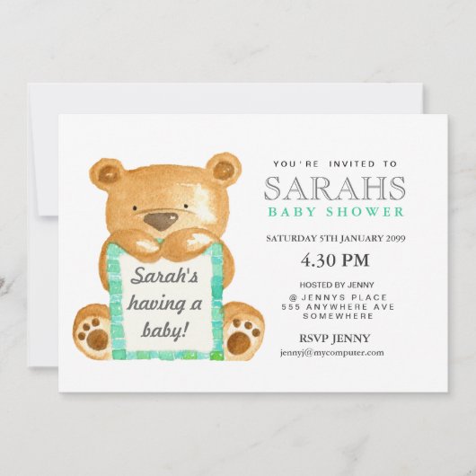 Waterverf Teddy Bear Baby shower Invite Kaart (Voorkant)
