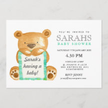 Waterverf Teddy Bear Baby shower Invite