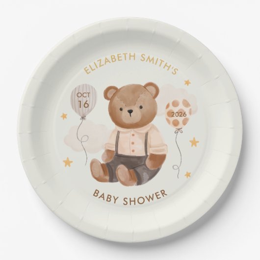 Waterverf Teddy Bear Baby shower Papieren Bordje (Voorkant)