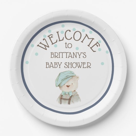 Waterverf Teddy Bear Baby shower Papieren Bordje (Voorkant)