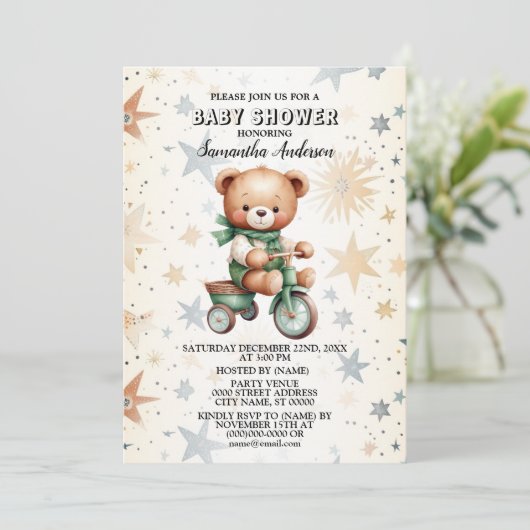 Waterverf Teddy Bear Baby shower Party Elegant Kaart (Staand voorkant)