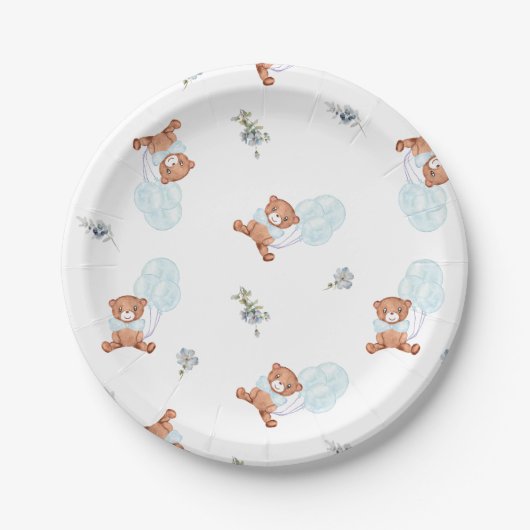 Waterverf Teddy Bear Balloon Boy Baby shower Papieren Bordje (Voorkant)