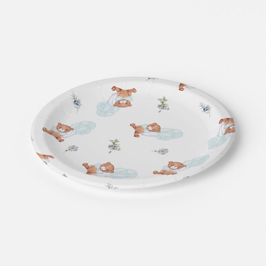 Waterverf Teddy Bear Balloon Boy Baby shower Papieren Bordje (Gekanteld)