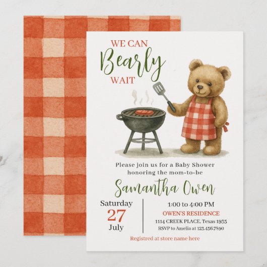 Waterverf Teddy Bear BBQ Baby shower voor jongens Kaart (Voorkant / Achterkant)