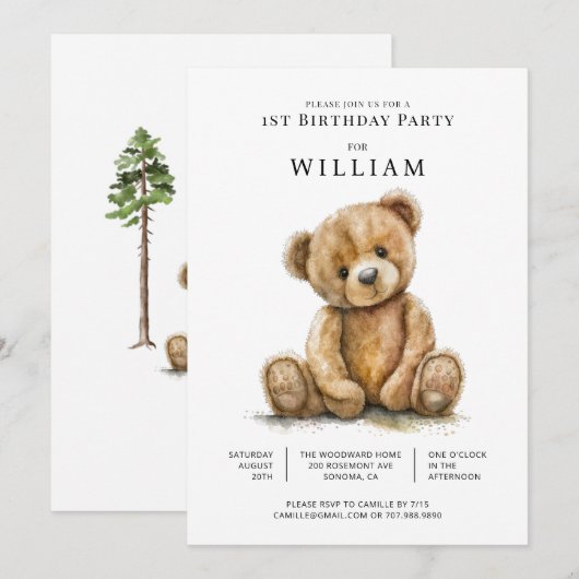 Waterverf Teddy Bear Boy 1e verjaardag Kaart (Voorkant / Achterkant)