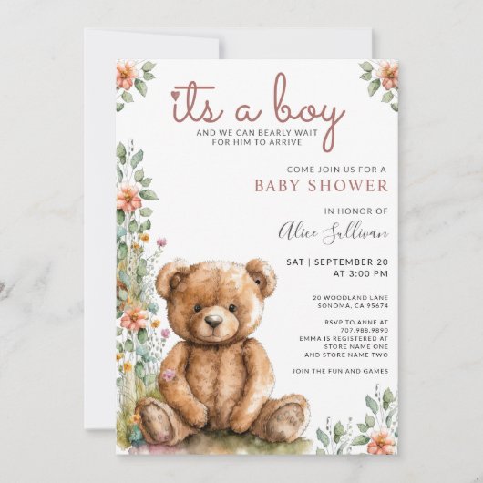 Waterverf Teddy Bear Boy Baby shower Kaart (Voorkant)