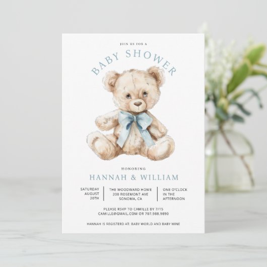 Waterverf Teddy Bear Boy Blue Baby shower Kaart (Staand voorkant)