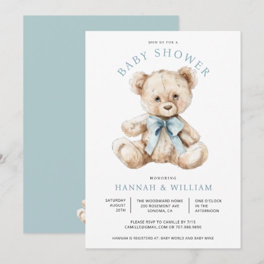 Waterverf Teddy Bear Boy Blue Baby shower Kaart (Voorkant / Achterkant)