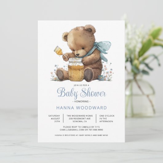 Waterverf Teddy Bear Honey Pot Boy Baby shower Kaart (Staand voorkant)