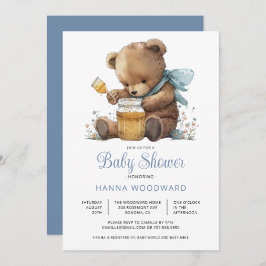 Waterverf Teddy Bear Honey Pot Boy Baby shower Kaart (Voorkant / Achterkant)