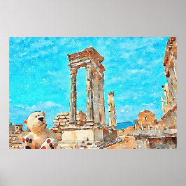 Waterverf Teddy Bear in Ancient Ruins Poster