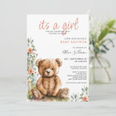 Waterverf Teddy Bear Meisje Baby shower Kaart (Staand voorkant)