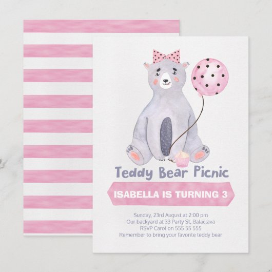 Waterverf Teddy Bear Picnic Birthday Uitnodiging (Voorkant / Achterkant)