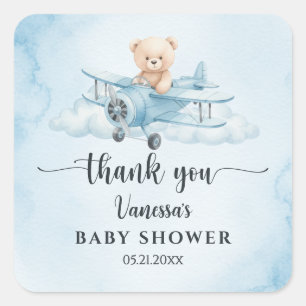 Waterverf Teddy Bear Pilot Baby shower Dank u Vierkante Sticker