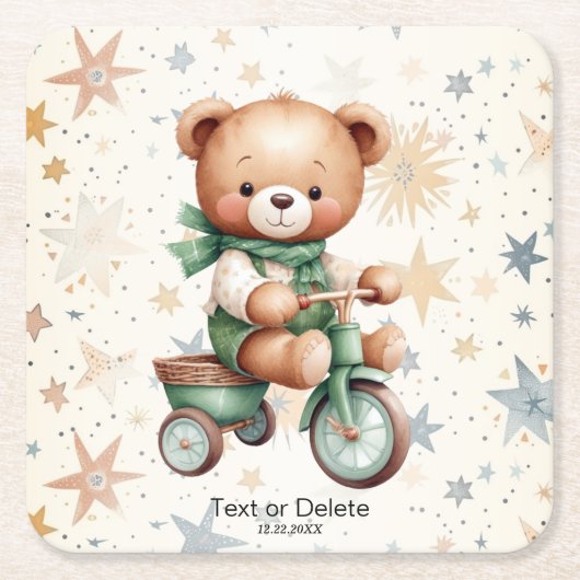 Waterverf Teddy Bear Sterren Groene Fietsfeest Kartonnen Onderzetters (Voorkant)