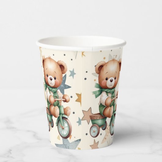 Waterverf Teddy Bear Sterren Groene Fietsfeest Papieren Bekers (Rechts)