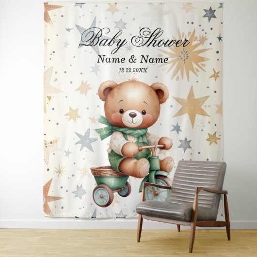 Waterverf Teddy Bear Sterren Groene Fietsfeest Wandkleed (In situ)