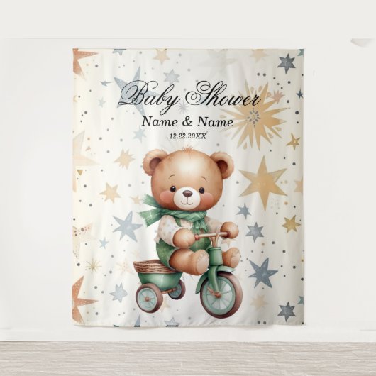 Waterverf Teddy Bear Sterren Groene Fietsfeest Wandkleed (Voorkant)