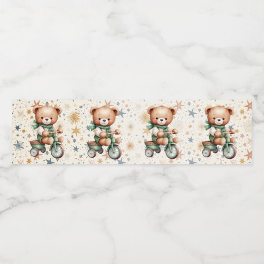 Waterverf Teddy Bear Sterren Groene Fietsfeest Waterfles Etiket (Enkel label)
