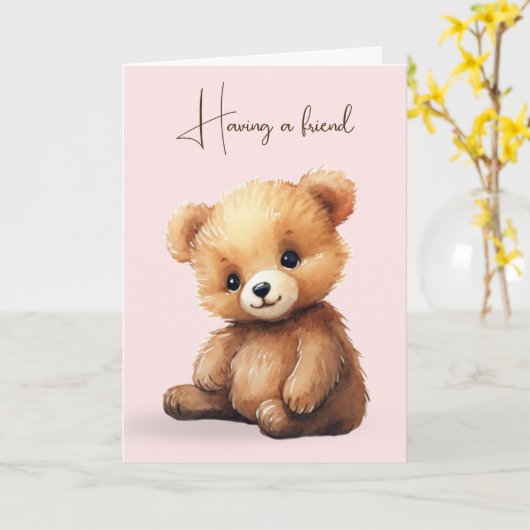 Waterverf Teddy Bear Vriendschap Kaart (Gele Bloem)