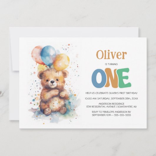 Waterverf Teddybeer 1e verjaardagsfeestje Kaart (Voorkant)