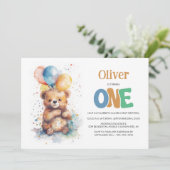 Waterverf Teddybeer 1e verjaardagsfeestje Kaart (Staand voorkant)