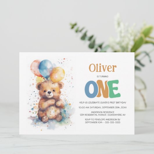 Waterverf Teddybeer 1e verjaardagsfeestje Kaart (Staand voorkant)