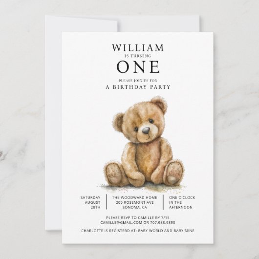 Waterverf Teddybeer 1e verjaardagsfeestje Kaart (Voorkant)