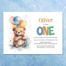 Waterverf Teddybeer 1e verjaardagsfeestje