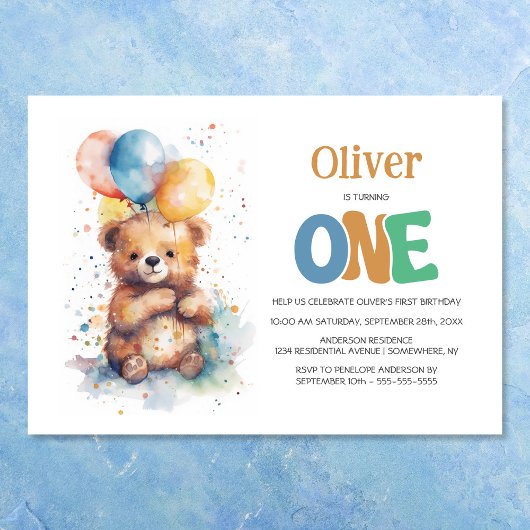 Waterverf Teddybeer 1e verjaardagsfeestje Kaart