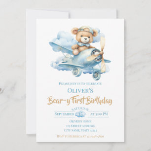 Waterverf Teddybeer Aviator Beer-y Eerste Verjaard Kaart