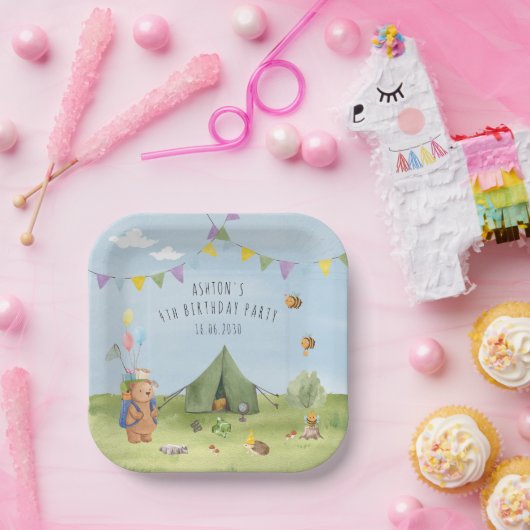 Waterverf teddybeer, avonturenverjaardag papieren bordje (Feest)