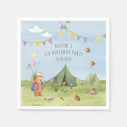 Waterverf teddybeer, avonturenverjaardag servet (Voorkant)